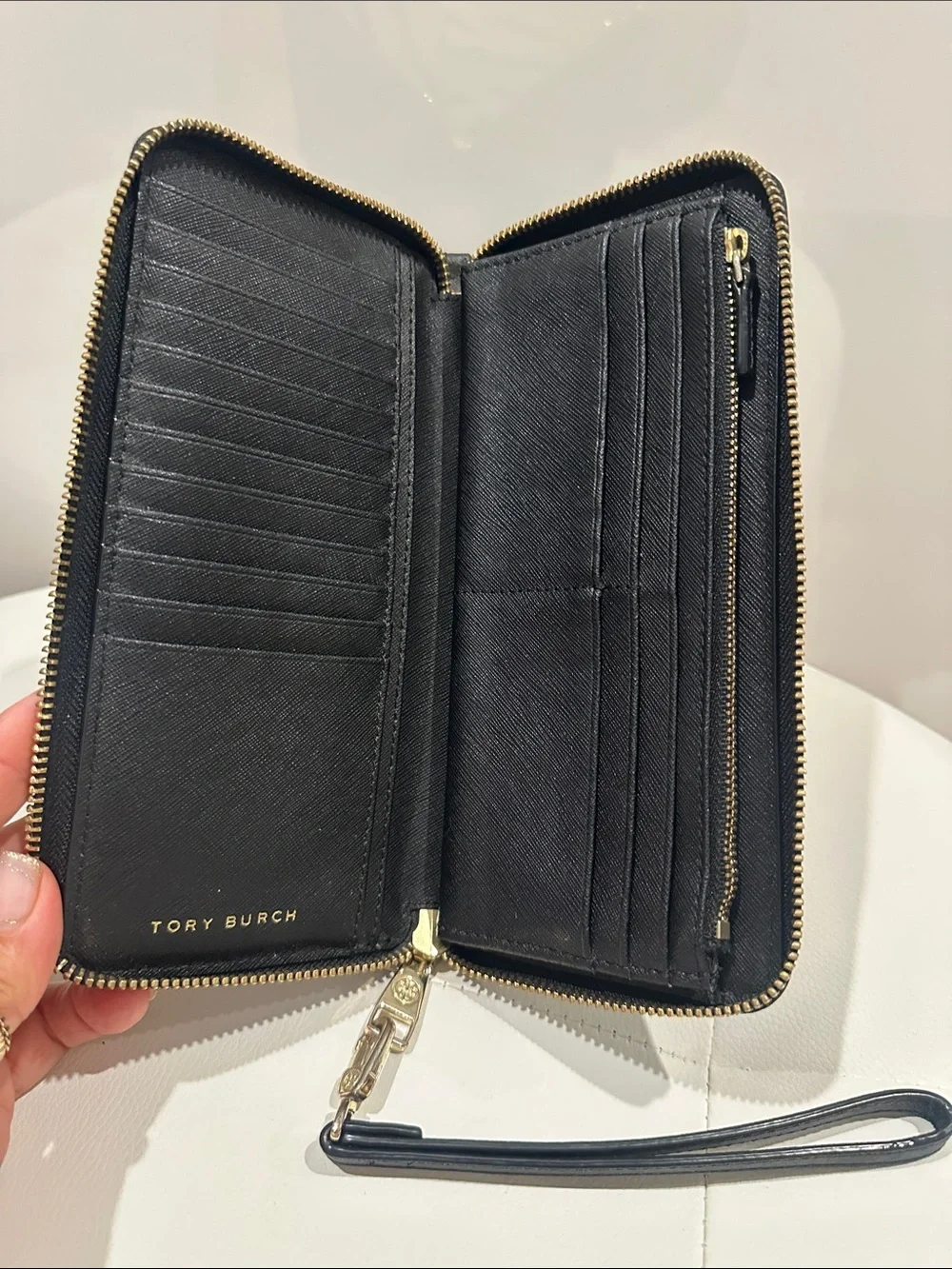 Tory Burch Black Saffiano Zip Wristlet with Gold Logo